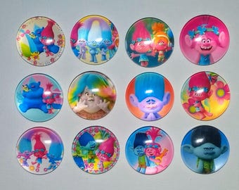 TROLLS CARTOON Magnet Set of 12 One Inch Round Glass Dome Mom Friend Relative Birthday Troll Fun