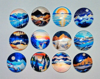 CONTEMPORARY ART LANDSCAPE Magnets Set of 12 One Inch Round Glass Dome Mom Dad Birthday Thank Friend *MOUNTaIN MoON SuNSET RiVER TReE WaTER*