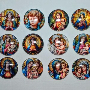 RELIGIOUS FAITH MAGNETS Set of 12 One Inch Round Glass Dome  *Stained Glass Look*