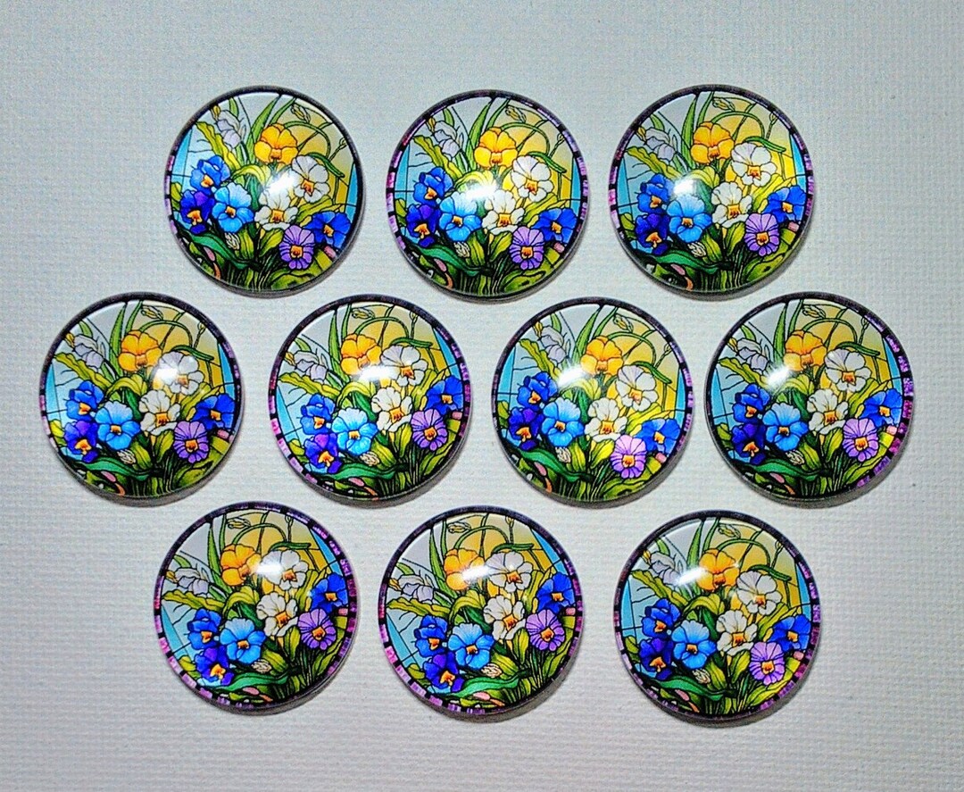 STAINED Glass PANSY Magnets Set of 10 One Inch Round Glass Dome *all ...