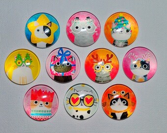 CATS WEArING HATS MAGNETS Set of 10 One Inch Round Glass Dome Fun Gift Birthday Thanks Friend Hang the Artwork! CARToON CAt HaTS GLaSSES