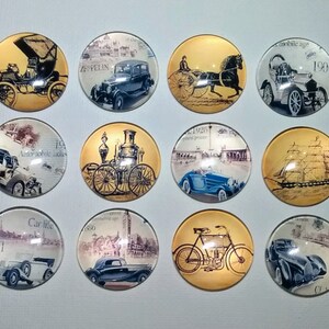 VINTAGE AUTOMOBILE BICYCLE ShIP Magnet Set of 12 One Inch Round Glass Dome Birthday Dad Relative Friend Man Cave