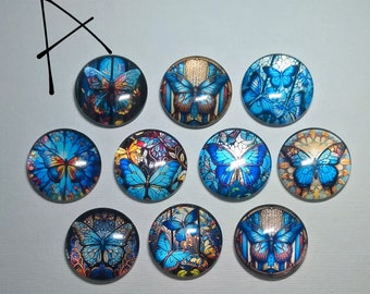 BUTTERFLY STAINED GLASS Magnet Set of Ten One Inch Round Glass Dome *Choose Set A or B or C* Birthday Mom Friend Relative Thank Hang Artwork