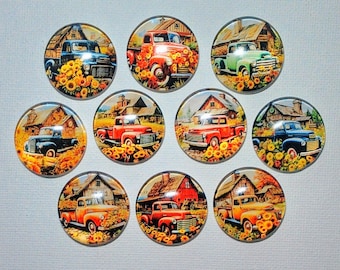 VINTAGE TRUCKS SUNFLOWERS Magnet Set of 10 One Inch Round Glass Dome Mom Dad Relative Birthday Friend Vintage Farm LifeTrucks PAiNTINGS