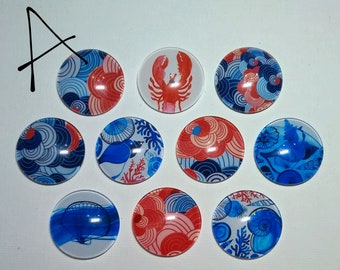 OCEAN SEA LIFE AbStracT WaVes Magnets Set of 10 1" Round Glass Dome *Choose Set A or B* Starfish Seahorse Jellyfish Birthday Beach House