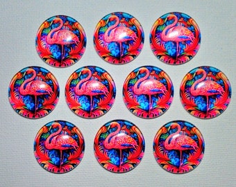 FLAMINGO MAGNET Set of 10 One Inch Round Glass Dome  Gift Her Mom Office She Shed Birthday Thank You Best Friend *ALL SaME DeSIGN*