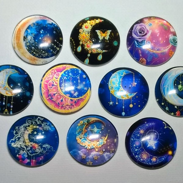 MOON MAGIC MAGNET Set of 10 One Inch Round Glass Dome Purples/Blues Moon Stars Rose Butterfly Mom Friend Relative Birthday Thanks Hang Art