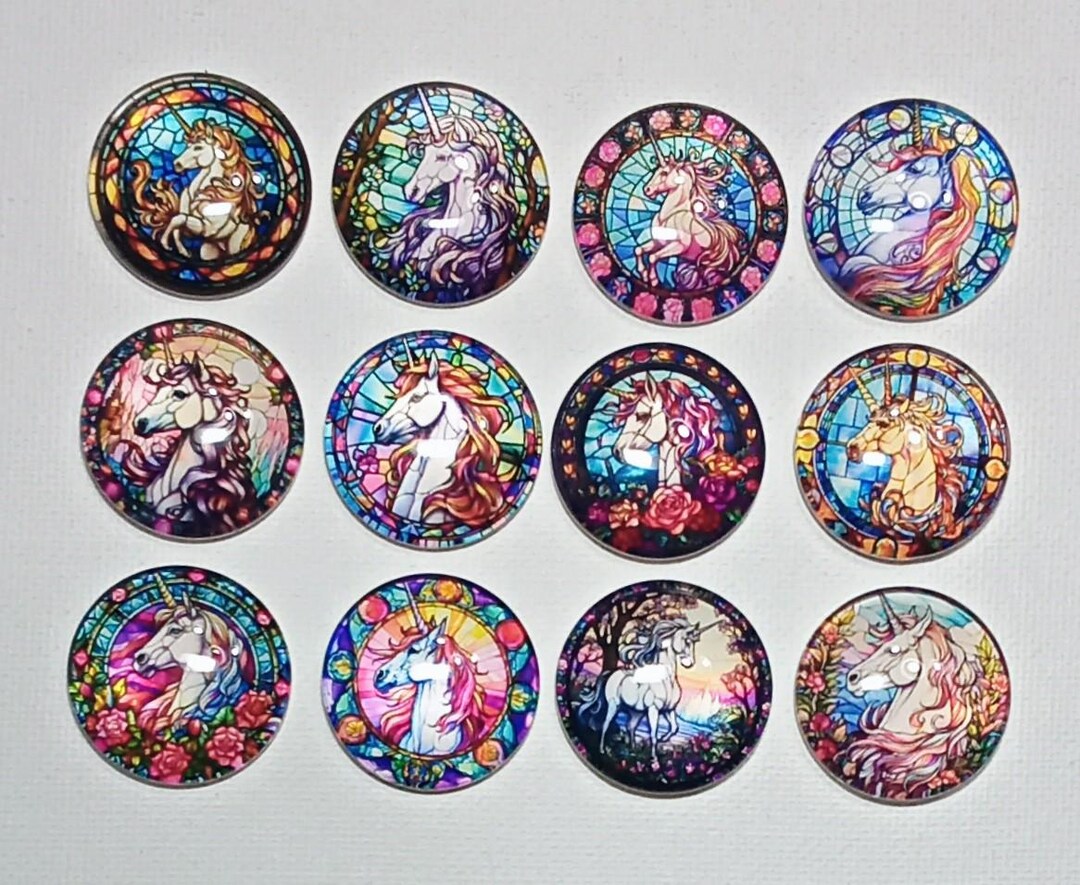 UNICORN FLORAL Magnet Set of 12 One Inch Round Glass Dome *stained ...