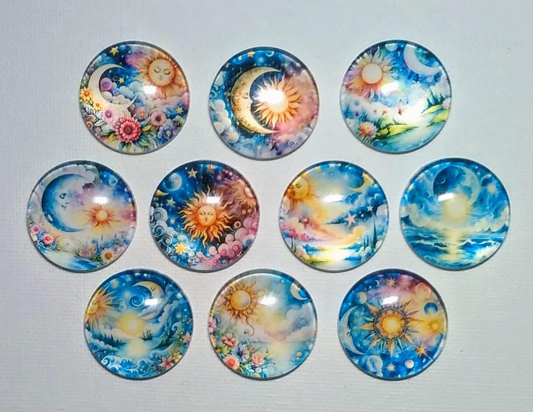 MOON Stars Magnet Set of 10 One Inch Round Glass Dome *soft and Bright ...