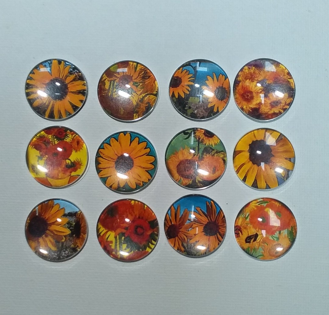SUNFLOWERS MAGNET SET of 12 One Inch Round Glass Dome Great Art Gift ...
