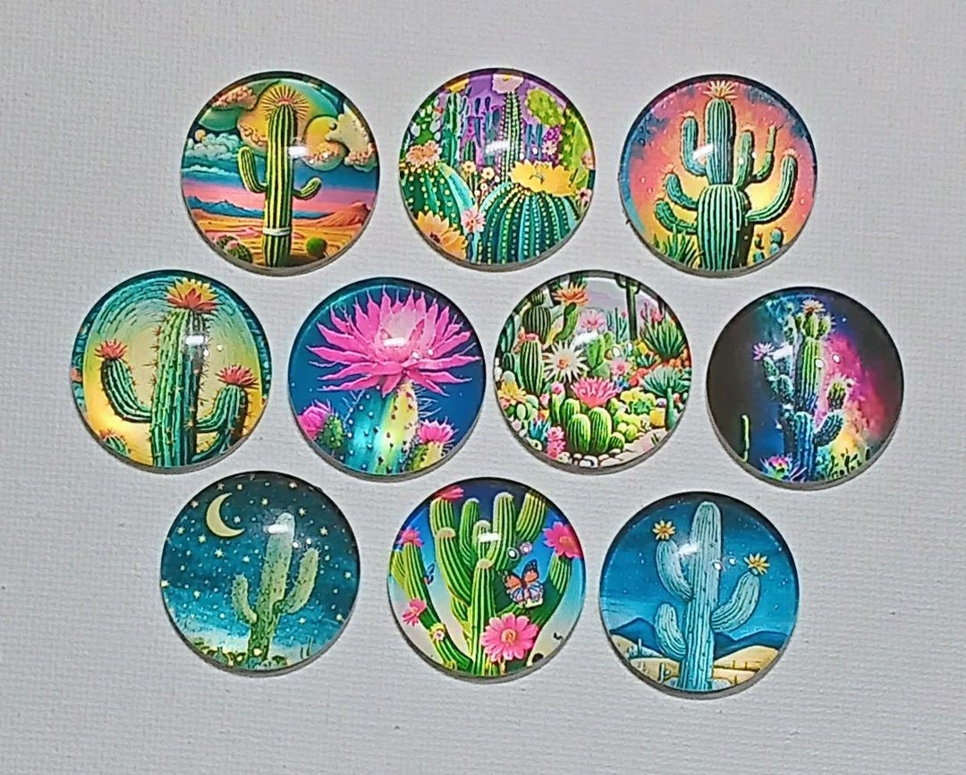 DESERT CACTUS FLORAL Magnet Set of 10 One Inch Round Glass Dome ...