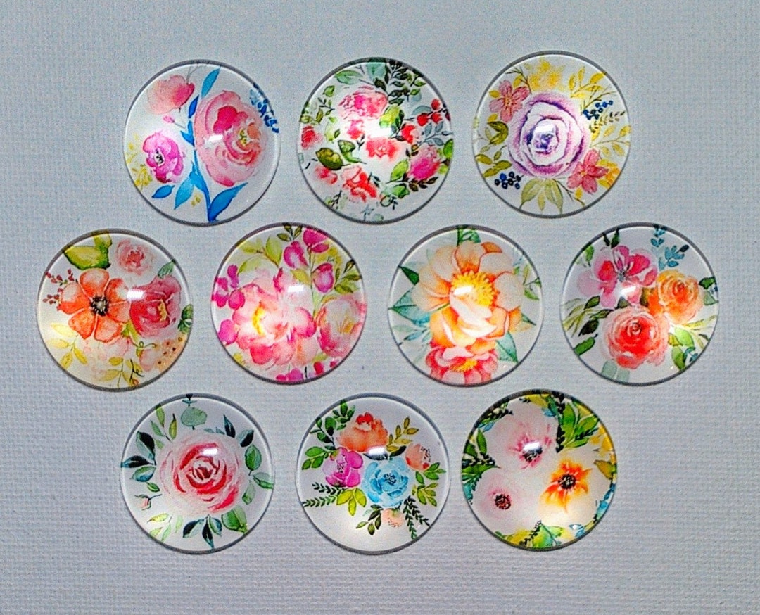 WATERCOLOR FLOWERS FLORAL Magnet Set of 10 One Inch Round Glass Dome ...
