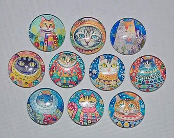 WHIMSICAL CAT Magnets Set of 10 One Inch Round Glass Dome *Soft and Bright Images*