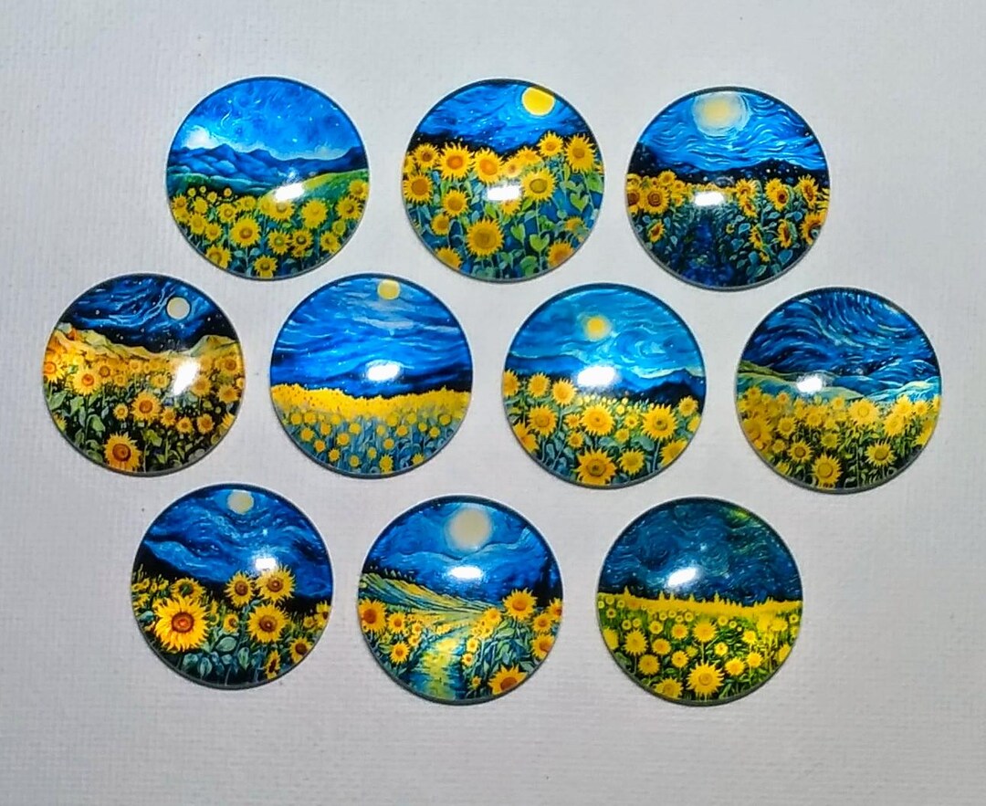 SUNFLOWER FIELDS and Blue Skies Magnet Set of Ten One Inch Round Glass ...