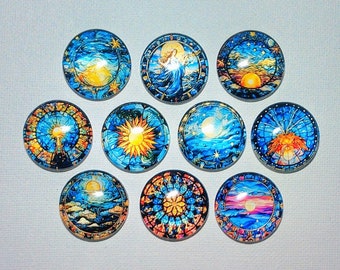 SeA SUN MOON GoDDESS CELESTIAL Magnet Set of 10 One Inch Round Glass Dome Mom Friend Relative Birthday Gift She Shed SPiRITUAL ARTWoRK