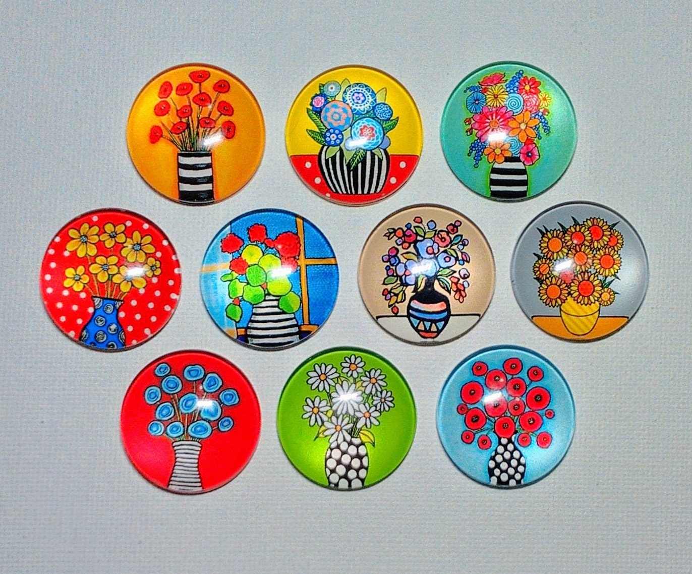 WHIMSICAL FLOWERS VASES Art Magnet Set of 10 One Inch Round Glass Dome ...