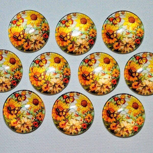 SUNFLOWERS and BUTTERFLIES Magnet Set of Ten One Inch Round Glass Dome Birthday Mom Friend Relative She Shed Thank **ALL SaME DeSIGN**