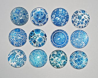 BLUE and WHITE PLATES Magnets  Set of 12 One inch Round Glass Dome