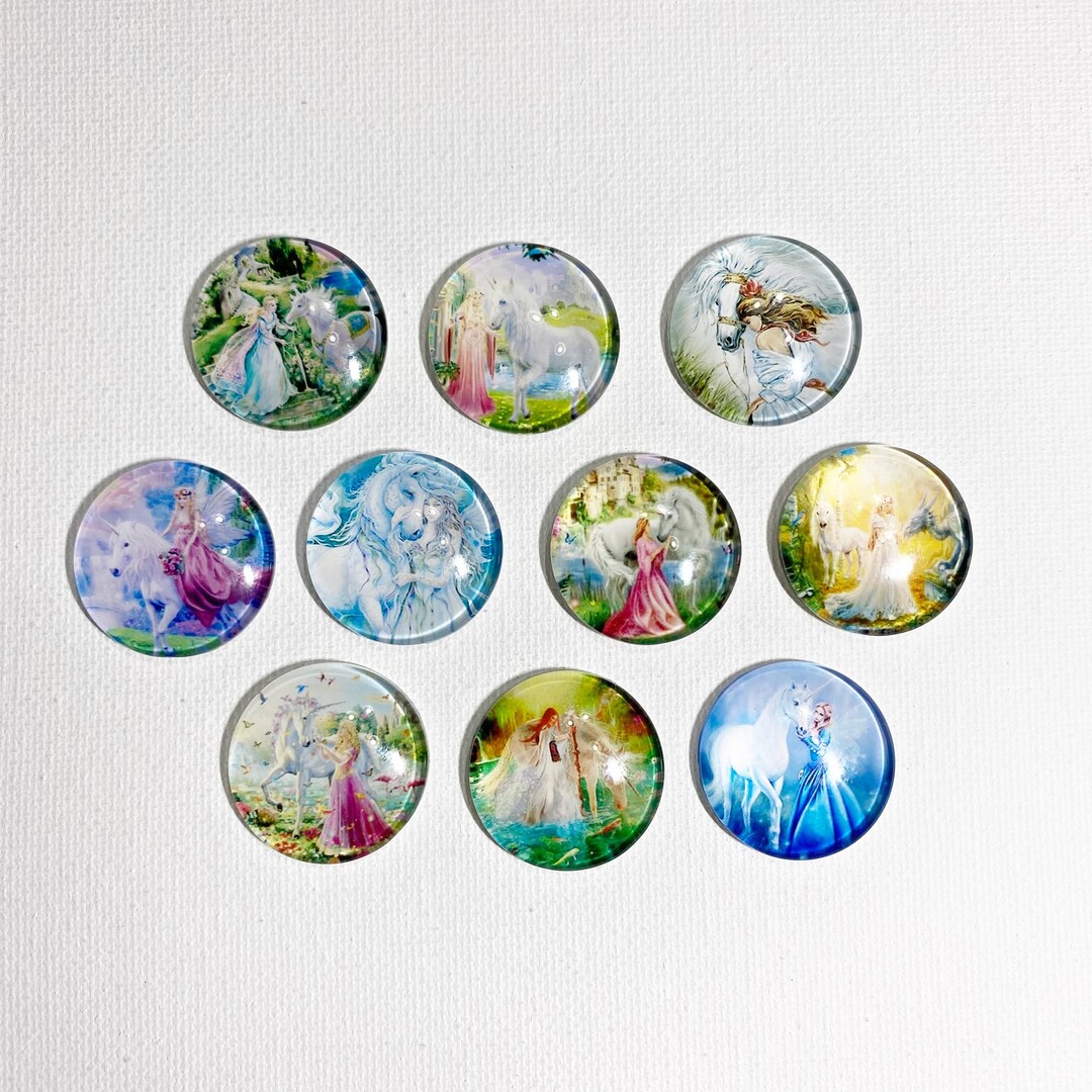UNICORN LOVE Soft WATERCOLOR Magnet Set of 10 One Inch Round Glass Dome ...