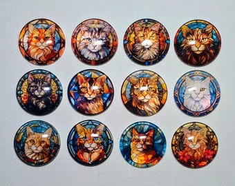 May include: Twelve round glass cabochons with stained glass designs featuring cats. Each cabochon has a different cat breed and color scheme, including orange, black, white, and brown.