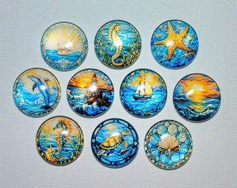OCEAN LIFE MAGNET Set of 10 One Inch Round Glass Dome Holiday Gift Her Him Relative Gift Birthday Thanks Seahorse Lighthouse Ship Starfish