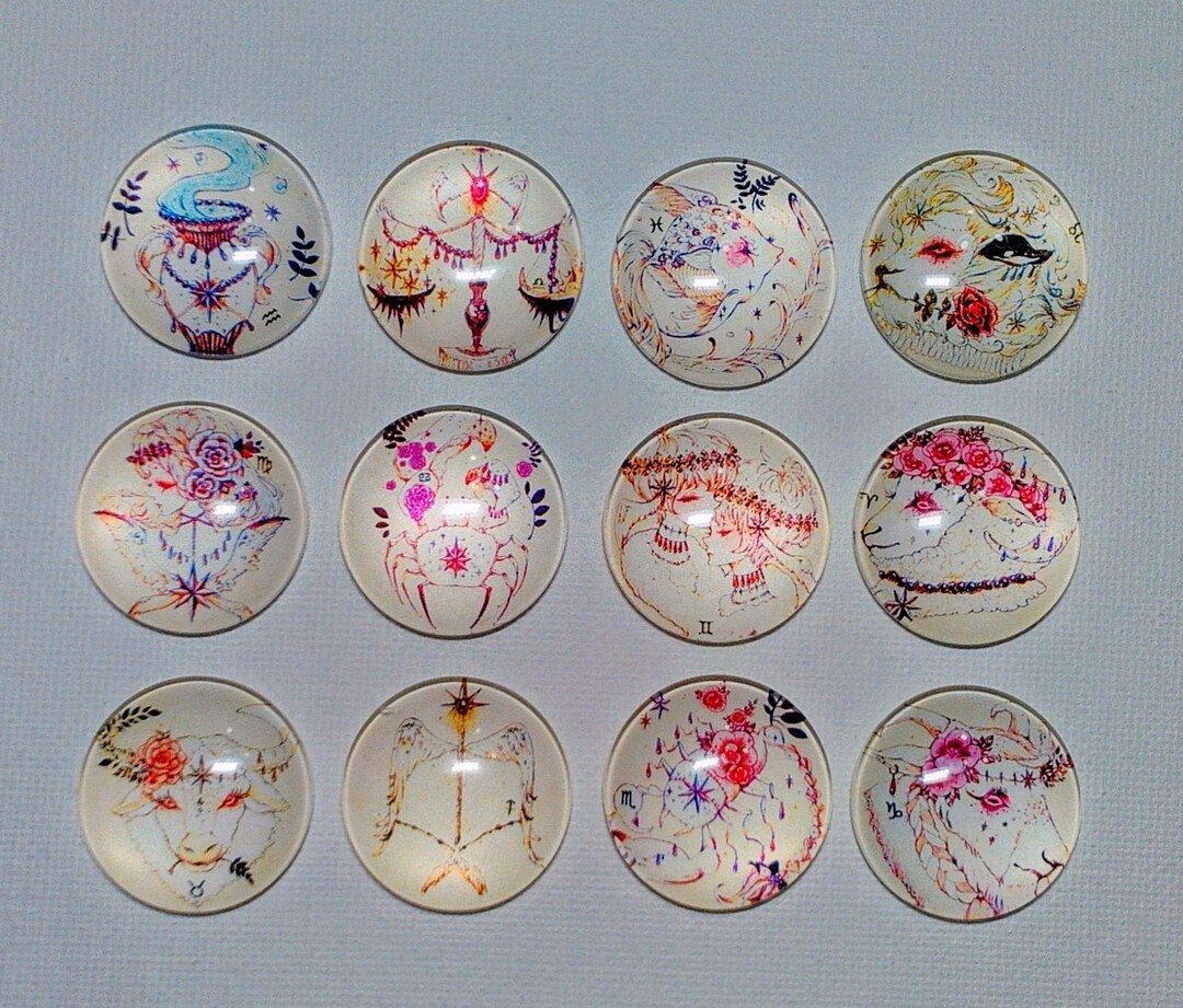 ZODIAC Magnet Set of 12 One Inch Round Glass Dome *soft and Bright ...