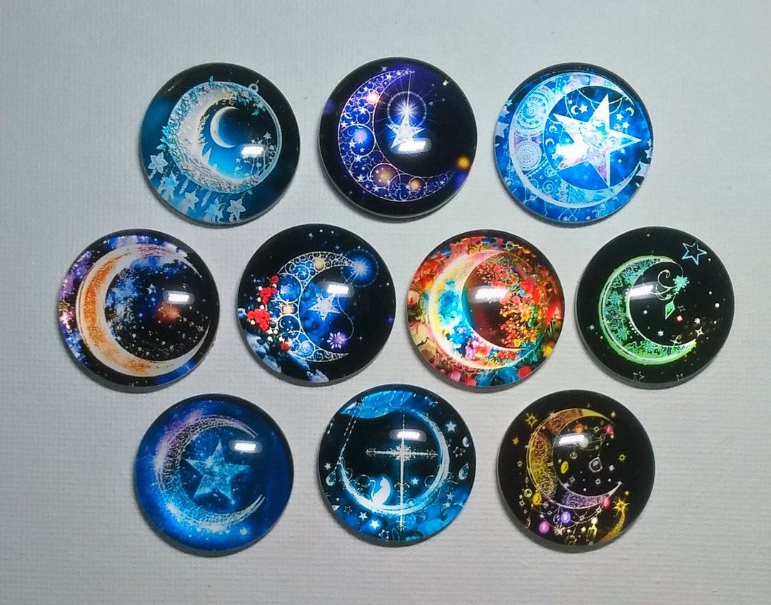 MOON MAGIC MAGNET Set of 10 One Inch Round Glass Dome *purples/blues ...