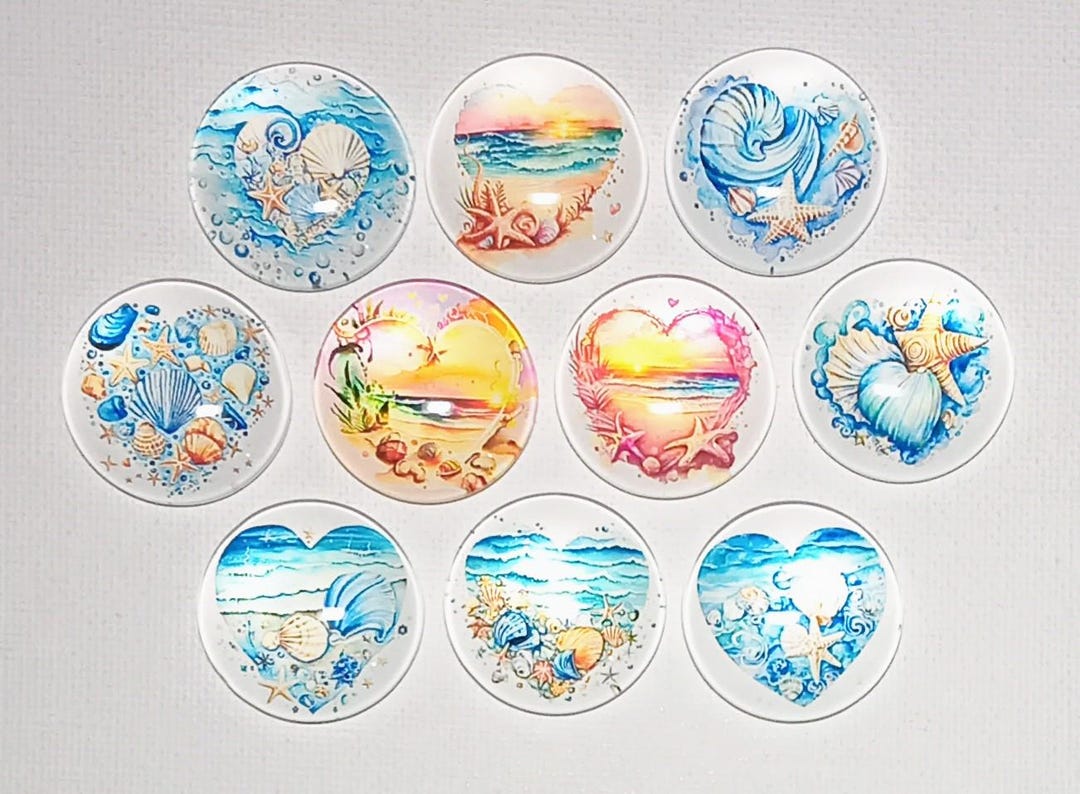 BEACH HEARTS Magnets Set of 10 One Inch Round Glass Dome *soft and ...