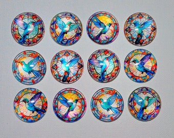 HUMMINGBIRD LOVER STaINED GLaSS LoOK Magnet Set of Twelve One Inch Round Glass Dome Birthday Mom Relative Friend **TwO of EaCH DeSIGN**