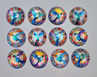 HUMMINGBIRDS LOVER STAINED GLaSS Magnet Set of Twelve One Inch Round Glass Dome Birthday Mom Friend Relative Thanks **TwO of EaCH DeSIGN**