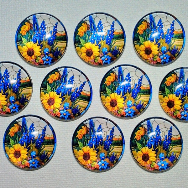 SUNFLOWERS and BLuE LARKSPUR FLoWERS Magnet Set of Ten One Inch Round Glass Dome Birthday Mom Friend Relative Thank **ALL SaME DeSIGN**