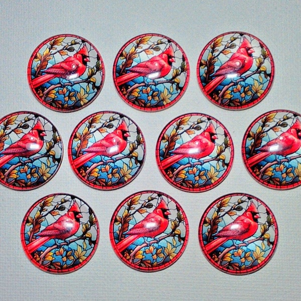 STAINED GLASS ReD CaRDINALS Magnet Set of Ten One Inch Round Glass Dome Birthday Mom Friend Relative **ALL SaME DeSIGN** Cardinals in Trees