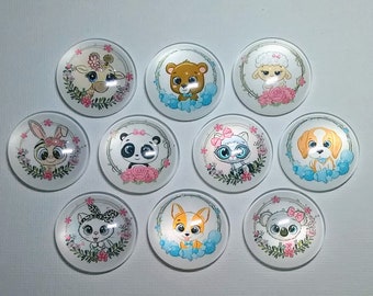 CUTE ANIMALS MAGNET Set of 10 Glass Dome One Inch Round Wreath Animals Birthday Grandma Her Mom Gift Thanks Best Friend Hang the Artwork!
