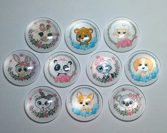 CARTOON ANIMALS Magnet Set of Ten One Inch Round Glass Dome