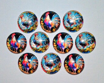 ROOSTER Magnet Set of 10 One Inch Round Glass Dome  *Five of each DeSIGN*