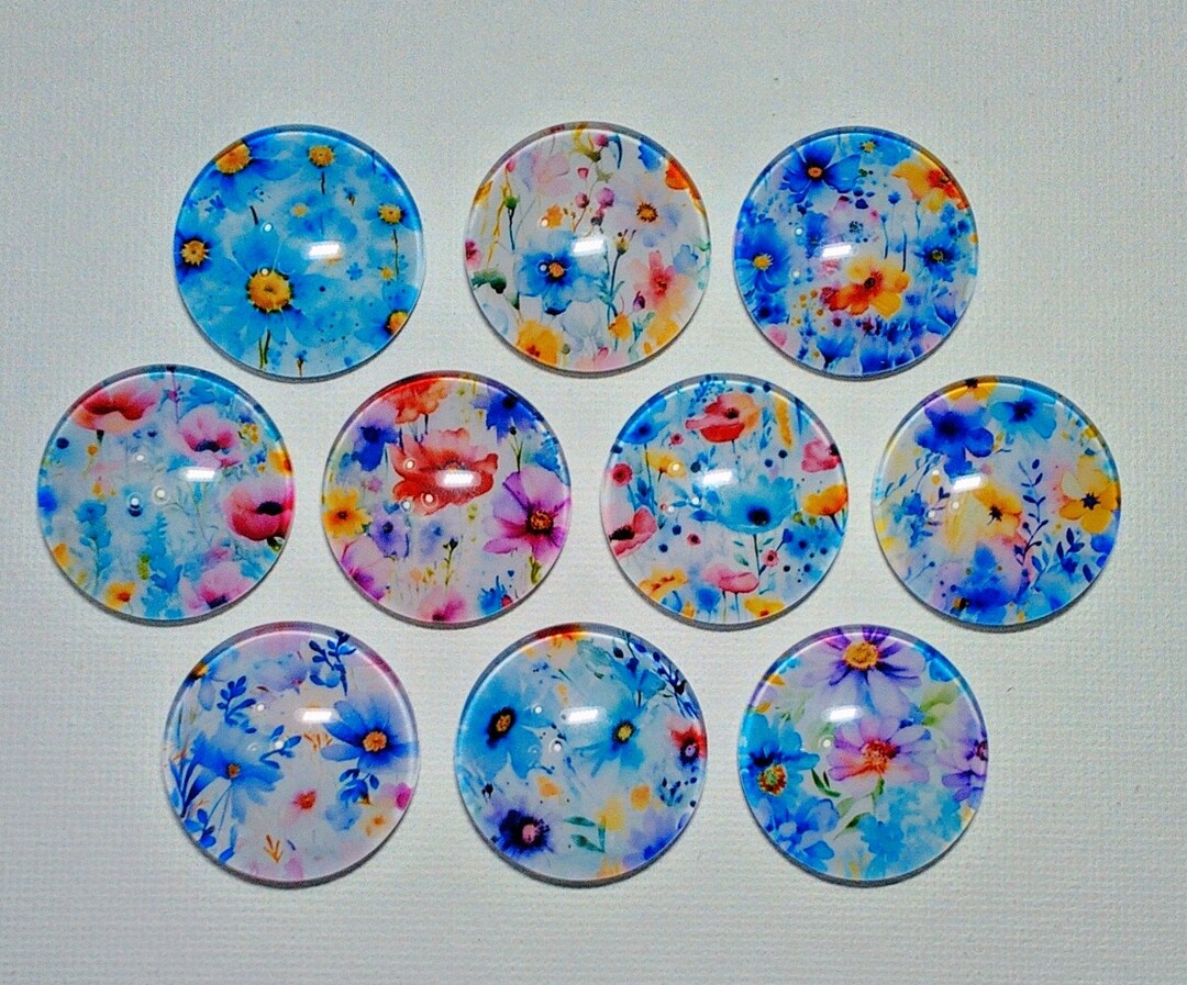 FLOWERS Magnet Set of Ten One Inch Round Glass Dome *soft and Bright ...