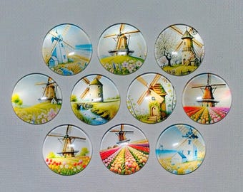 WINDMILL MAGNET SET of 10 One Inch Round Glass Dome Windmill Paintings ...