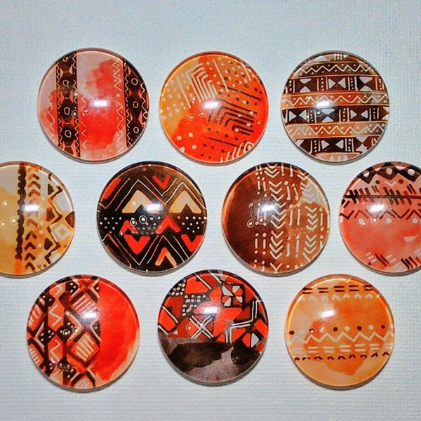 TRIBAL TAPA CLoTH MAGNETS Set of 10 One Inch Round Glass Dome Birthday Mom Relative Thank Friend She Shed Geometric Artwork OrangeBrownGold