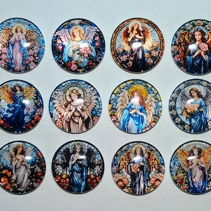 RELIGIOUS FAITH MAGNETS Set of 12 One Inch Round Glass Dome Birthday Mom Relative Friend *Stained Glass Look ANGeLS*