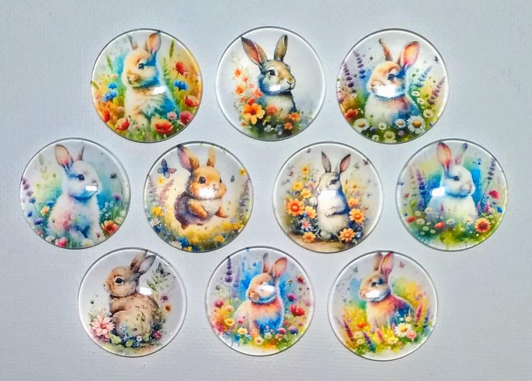 BUNNIES MAGNET Set of 10 One Inch Round Glass Dome *soft and Bright ...
