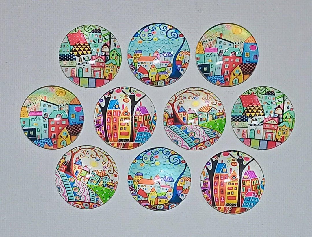 WHIMSICAL HOUSE Magnet Set of 10 One Inch Round Glass Dome *two of Each ...
