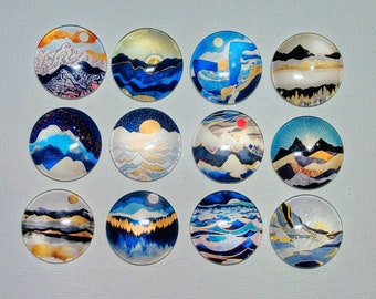 CONTEMPORARY ART LANDSCAPE Magnets Set of 12 One Inch Round Glass Dome Mom Dad Birthday Thank Friend *MOUNTaIN MoON SuNSET RiVER TReE WaTER*