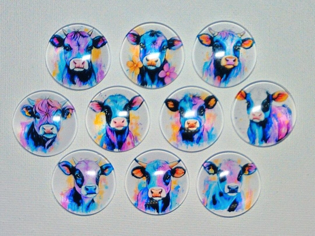 COWS PURPLE BLUE Magnet Set of 10 One Inch Round Glass Dome *soft ...