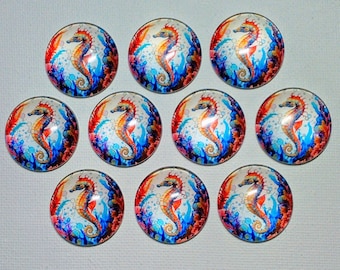 SEAHORSE Magnets Set of 10 One Inch Round Glass Dome Gift Ocean Life SeAHORSE Lover Birthday Beach House Friend *ALL SaME DeSIGN*