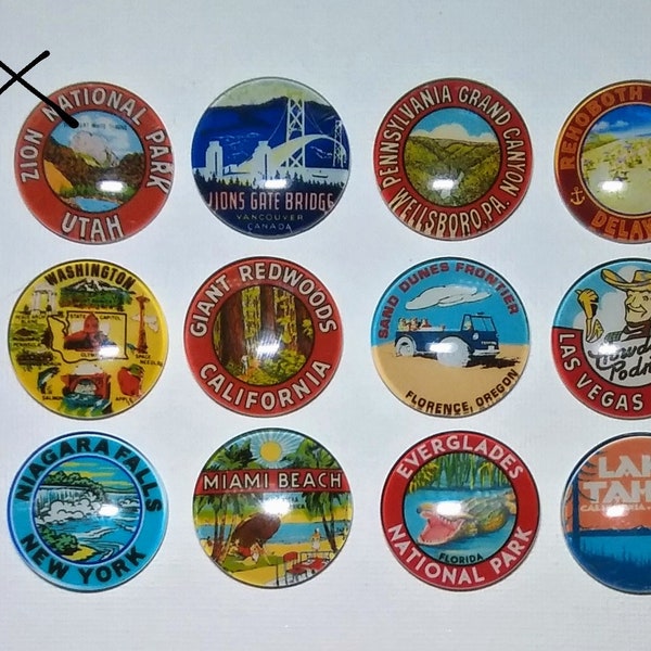 TRAVEL the USA Souvenir Magnets *Choose Set A or B* Set of 12 One inch Round Glass Dome National Parks Iconic Landmarks Birthday Mom Friend