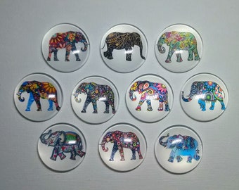 ELEPHANT MAGNET SET of Ten One Inch Round Glass Dome Elephant Lover Birthday Mom Him Her Friend Relative Thanks Hang Artwork!