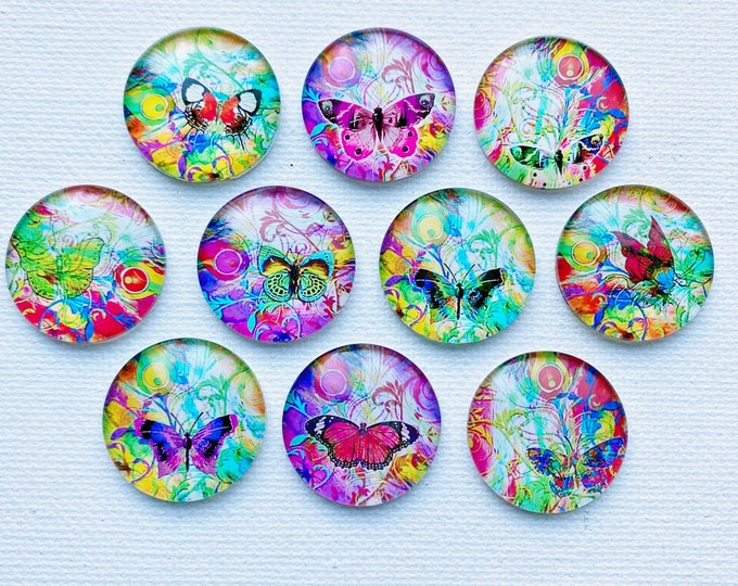 BUTTERFLY MAGNET SET of Ten 1" Round Glass Dome Birthday Mom Grandma ...