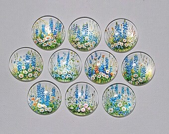 May include: Ten clear, round glass cabochons with a floral design. Each cabochon features a field of blue and white wildflowers, with green foliage and a light background. The cabochons are arranged in a circular pattern.