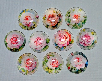 PINK PEaCH ROSES MAGNET Set of 10 One Inch Round Glass Dome Birthday Mom Grandma Friend Relative Thanks Hang Artwork! Watercolor Rose Art