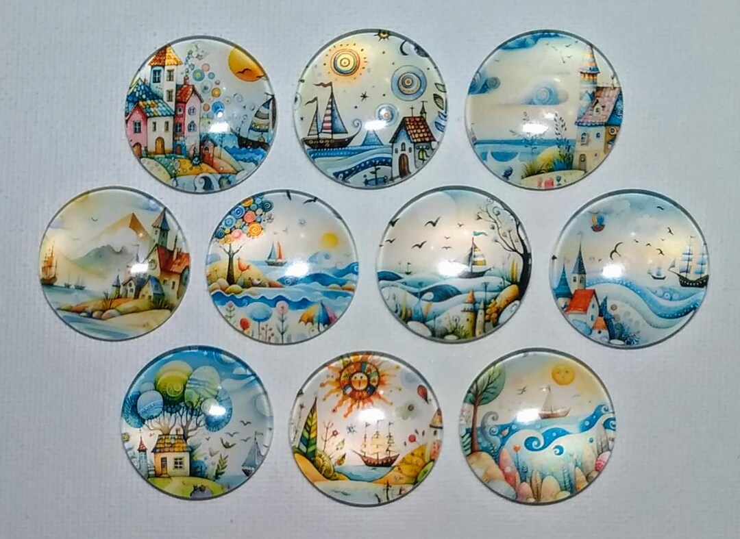 WHIMSICAL SEASCAPE Magnets Set of 10 One Inch Round Glass Dome Sailboat ...